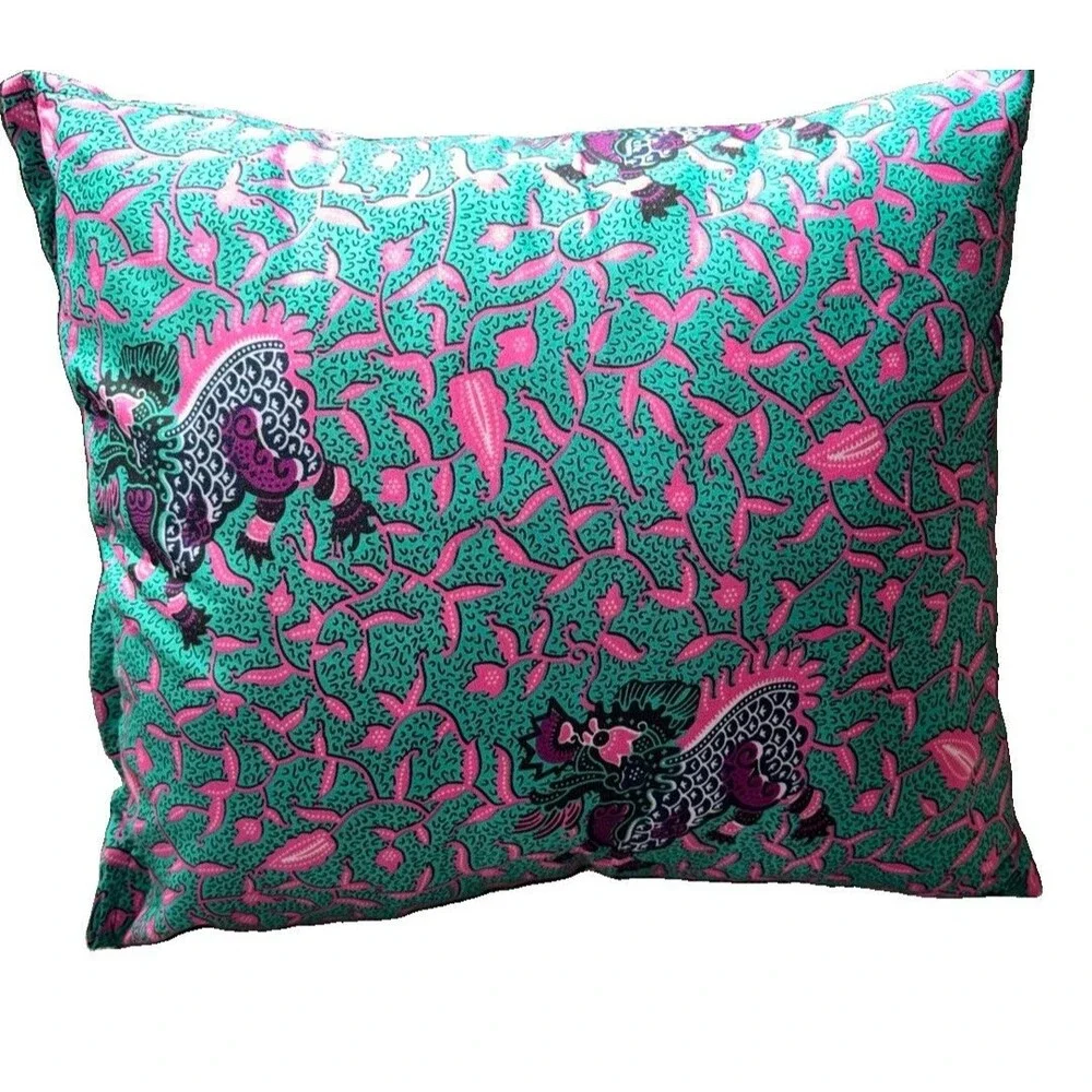 Winged Beasts Design And  Pink And Teal Batik  Square Handmade Pillow 20” X 20”